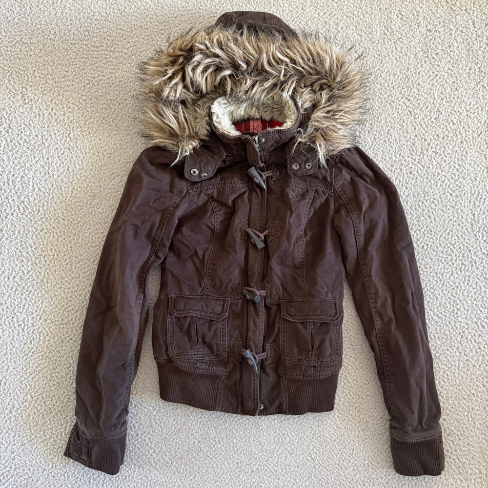Y2K Abercrombie & Fitch Faux Fur Hood Jacket Small Plaid Lined Toggle Utility
